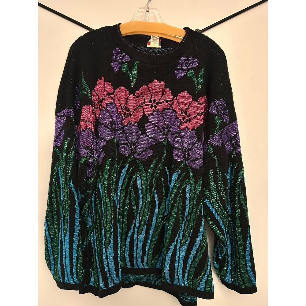 Vintage Nutcracker Plus Size Floral Metallic Lurex Knit Sweater Black 3X USA